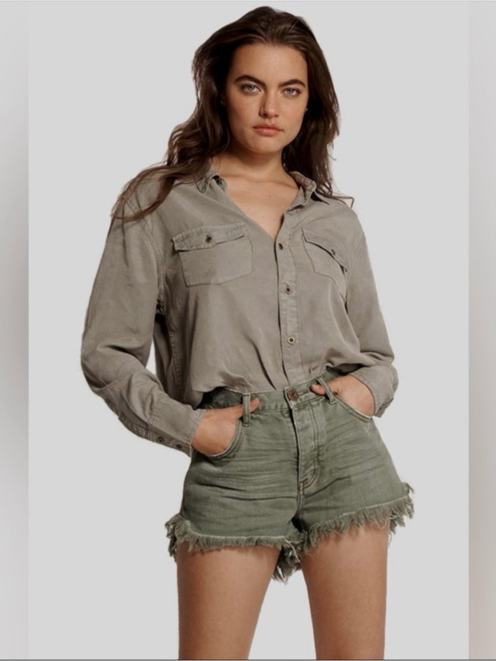 One Teaspoon Le Wolves High-Rise Olive Frayed Hem Denim Shorts